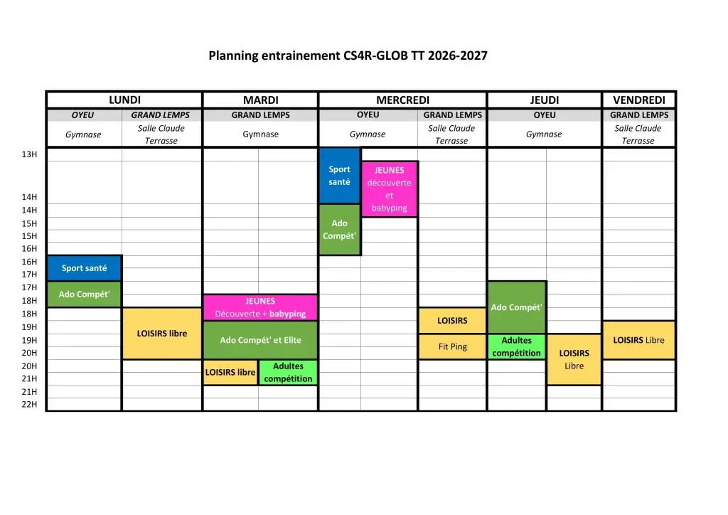 planning entrainement ping Oyeu Le gd lemps