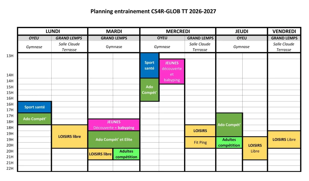 planning entrainement ping Oyeu Le gd lemps